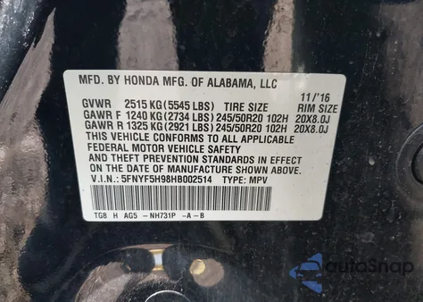 2017 Honda Pilot Touring z USA, uszkodzony, nr VIN 5FNYF5H98HB002514